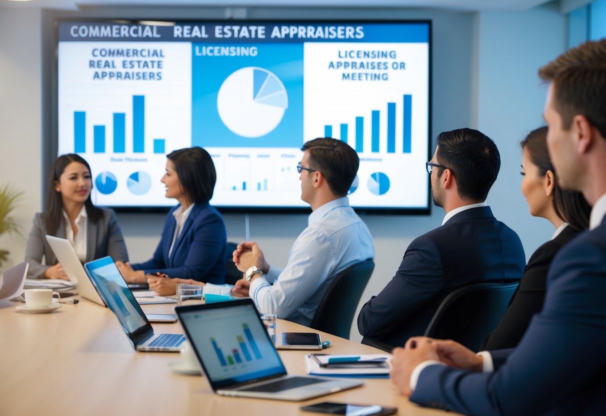 A group of commercial real estate appraisers attending a licensing process meeting, with charts and graphs displayed on a screen