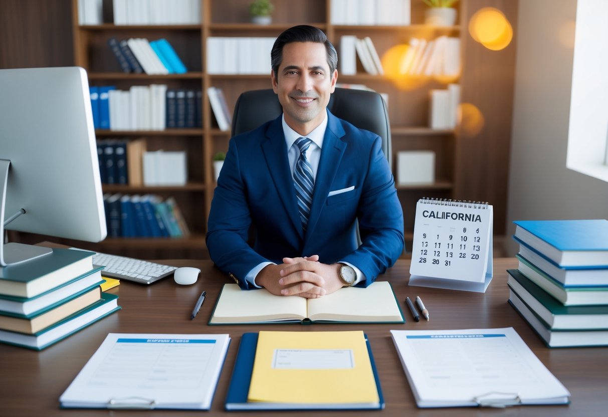 A California real estate appraiser sitting at a desk, surrounded by textbooks, a computer, and notes, with a calendar displaying upcoming continuing education deadlines