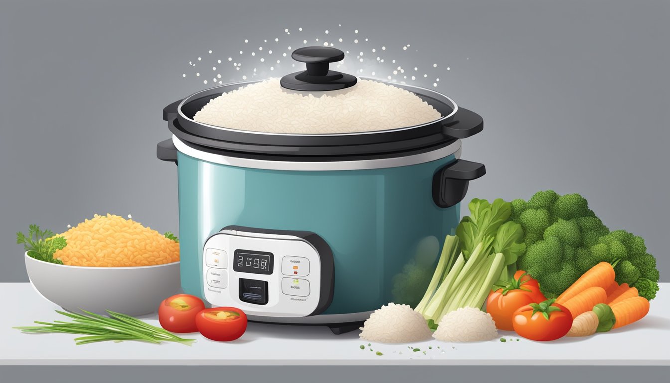 A rice cooker filled with fluffy, perfectly cooked rice, steam rising from the top, surrounded by fresh vegetables and a sprinkle of herbs