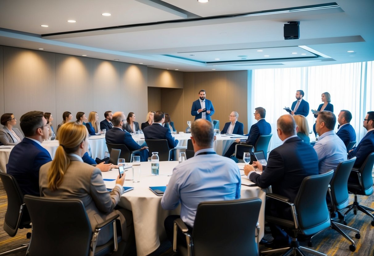 A group of real estate appraisers attending a seminar in a modern conference room, listening to a speaker and taking notes