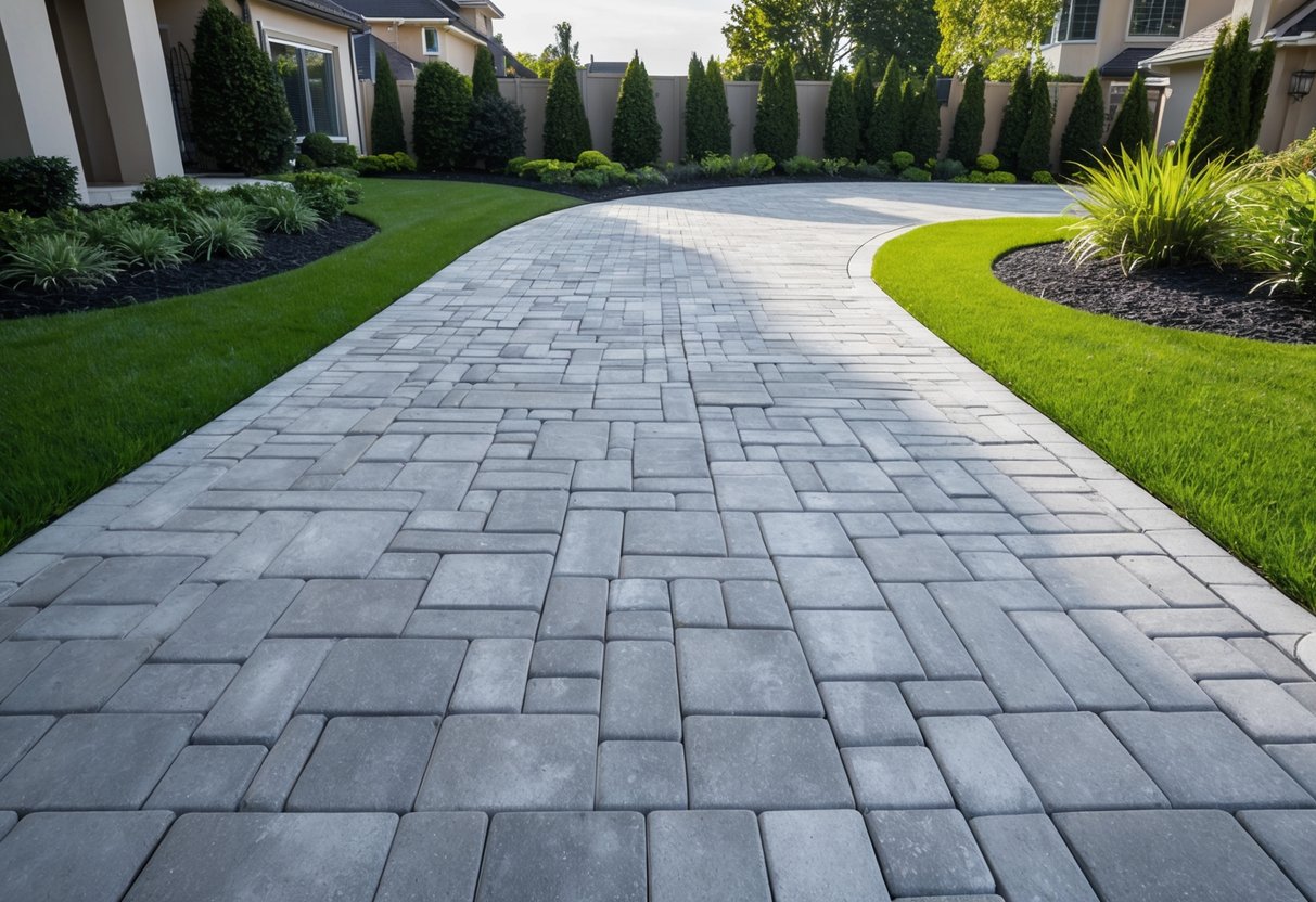 A driveway made of concrete pavers with a sleek, modern design, surrounded by well-manicured landscaping and a neatly trimmed lawn