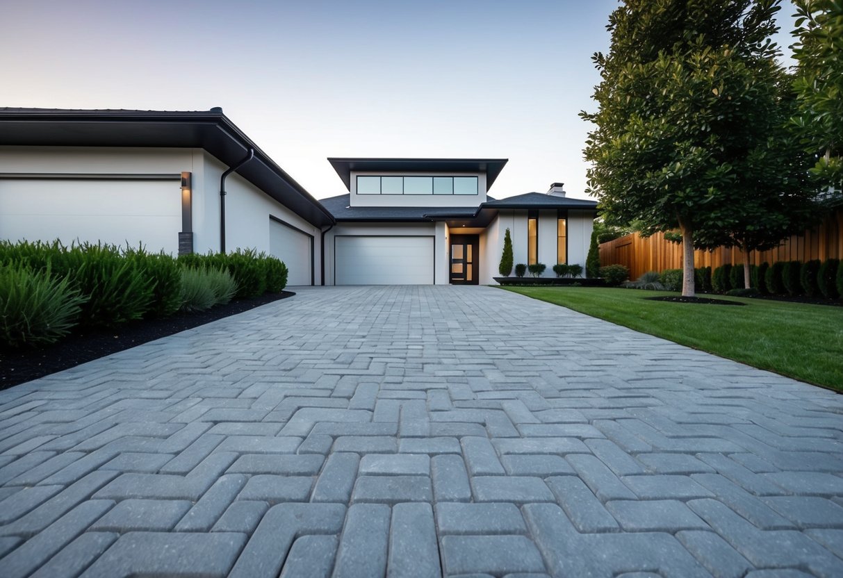 A driveway lined with interlocking concrete pavers, leading to a modern home with neatly trimmed landscaping and a sleek, clean appearance