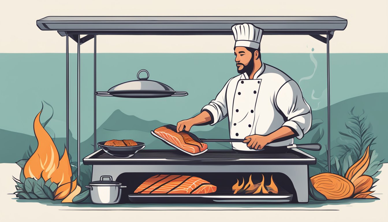 A chef grilling a salmon fillet over a hot flame