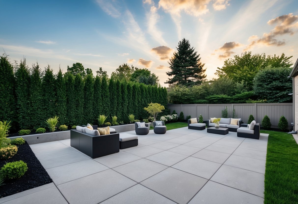 A spacious backyard with a modern concrete paver patio surrounded by lush greenery and stylish outdoor furniture