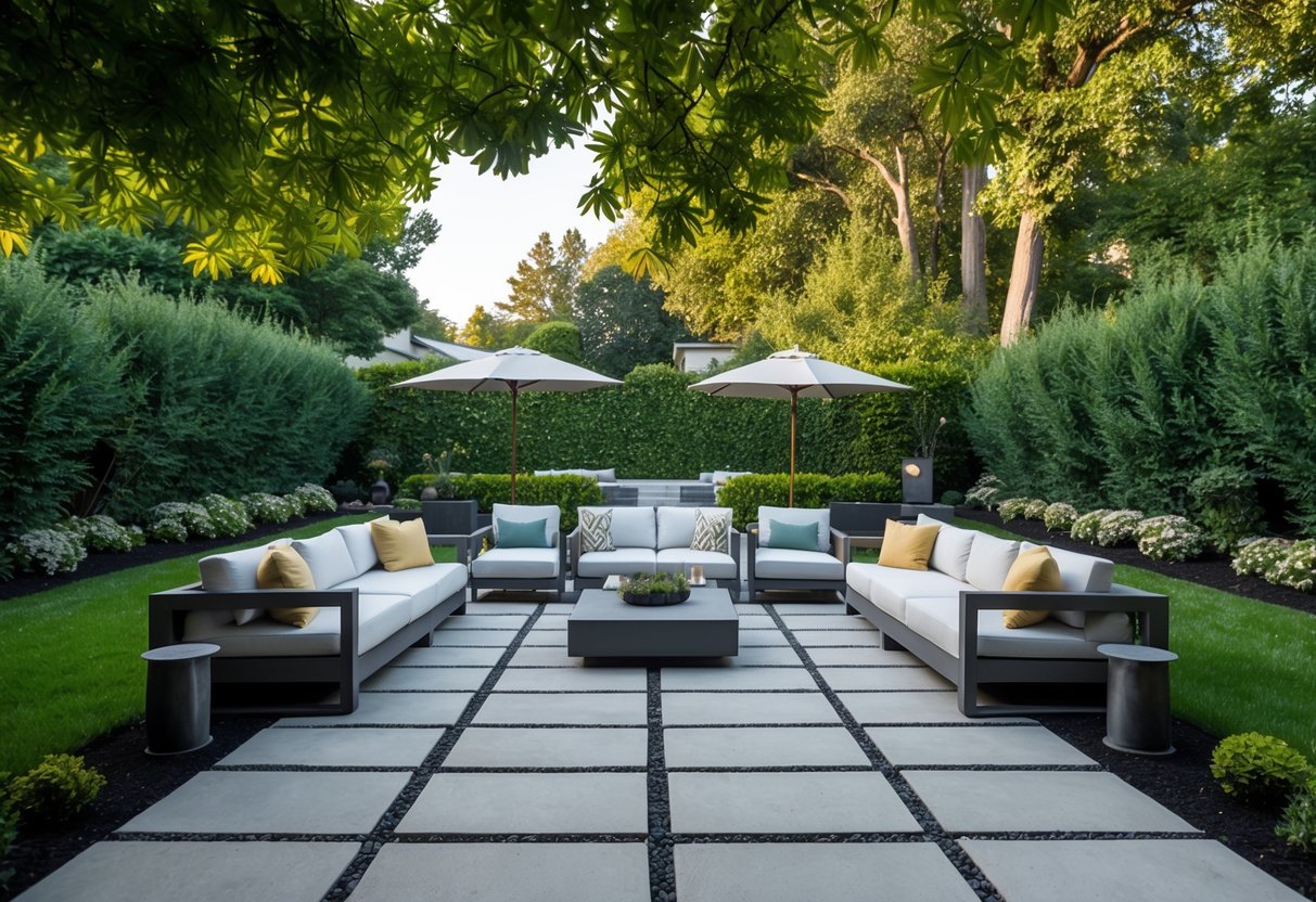 A spacious backyard with a symmetrical concrete paver patio surrounded by lush greenery and accented with modern outdoor furniture