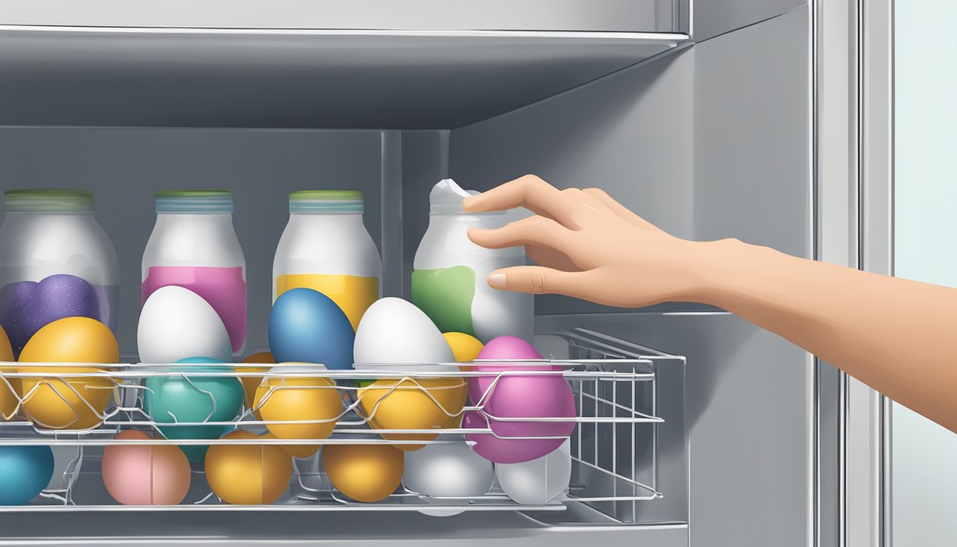 A hand reaching for a carton of quail eggs on a shelf, next to a refrigerator with a container of eggs inside