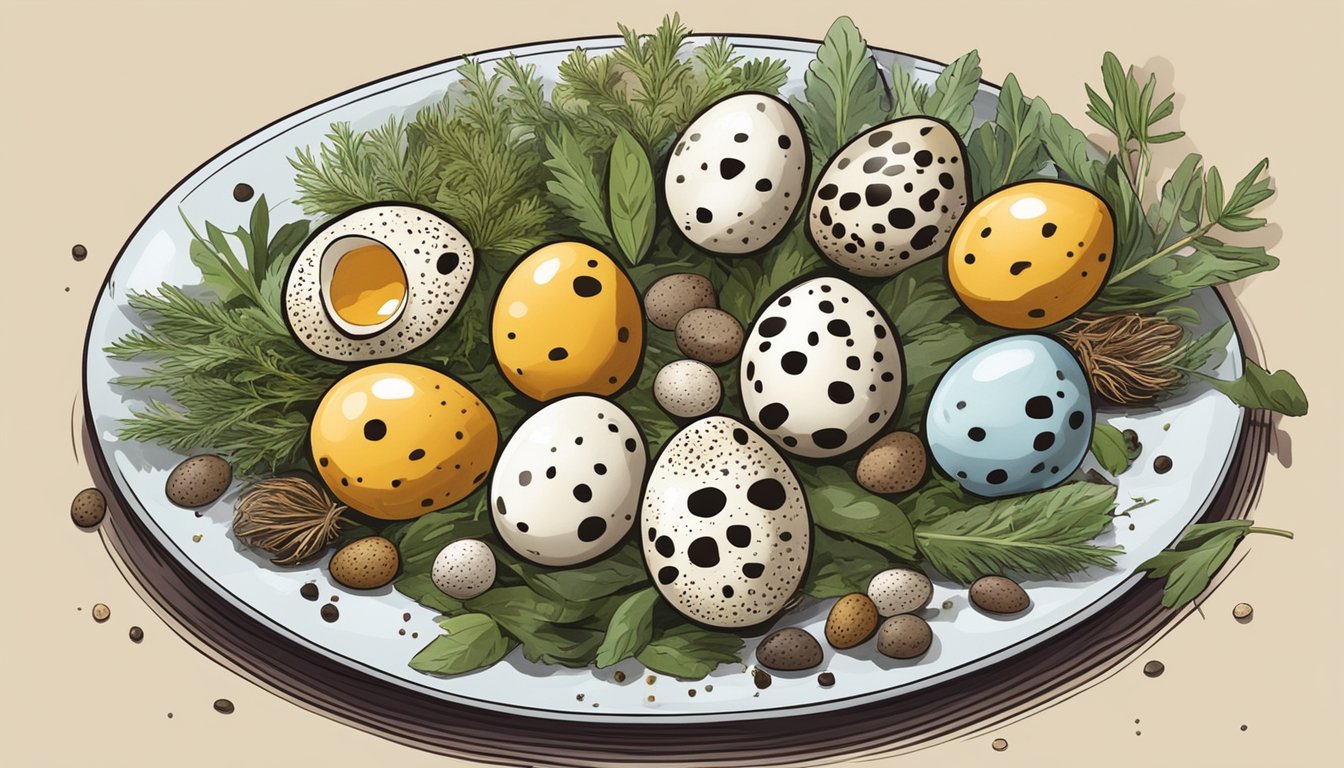 A colorful array of quail eggs arranged on a plate, surrounded by various herbs, spices, and cooking utensils