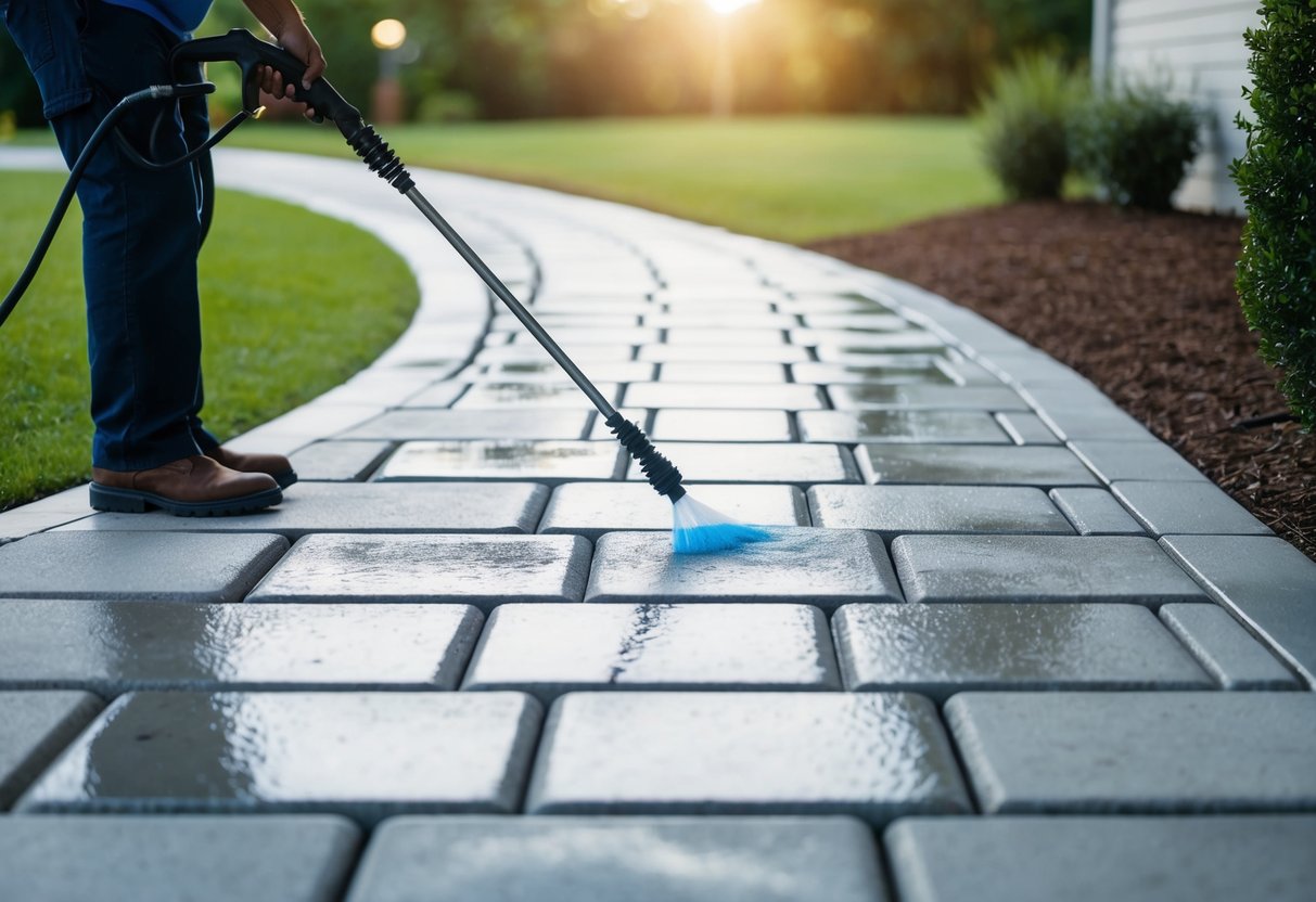 A concrete paver walkway being cleaned and sealed, with a person using a pressure washer and applying sealant