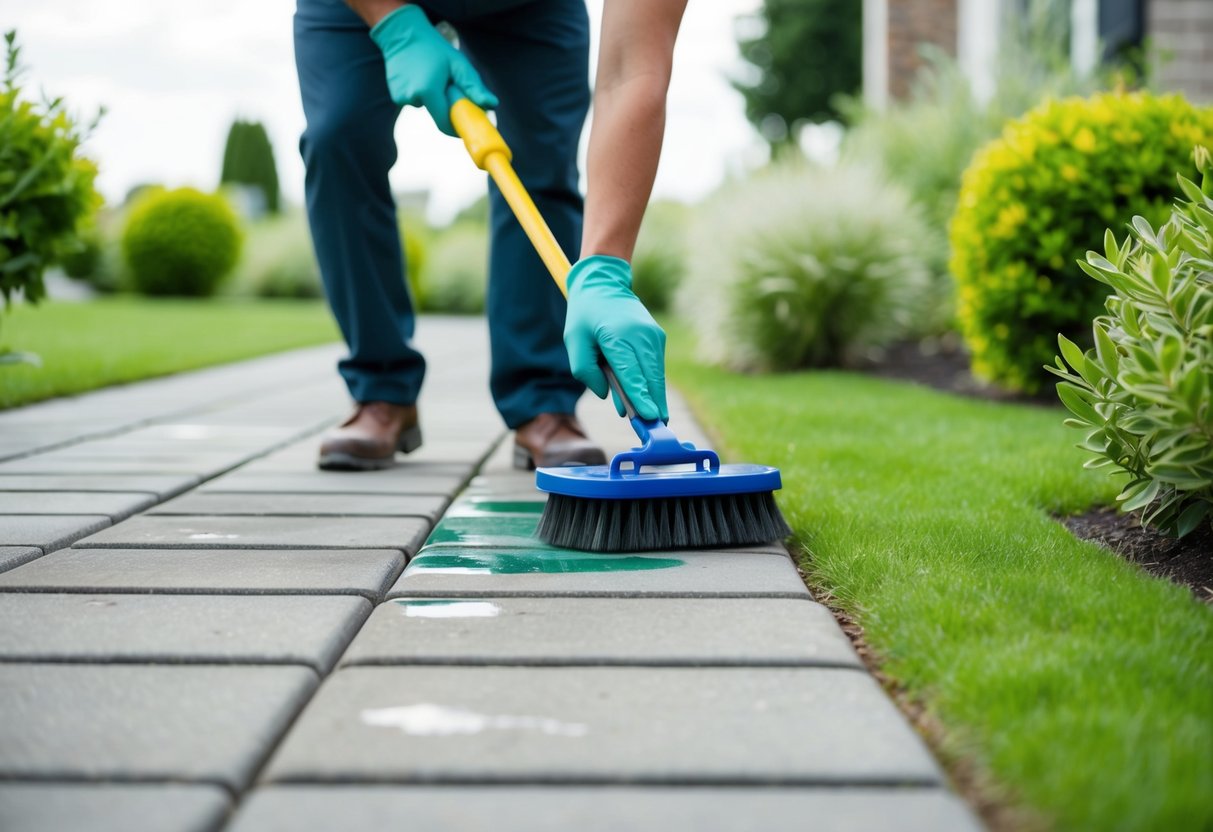 A person using a brush and cleaning solution to scrub away stains from a concrete paver walkway, surrounded by a neatly maintained garden