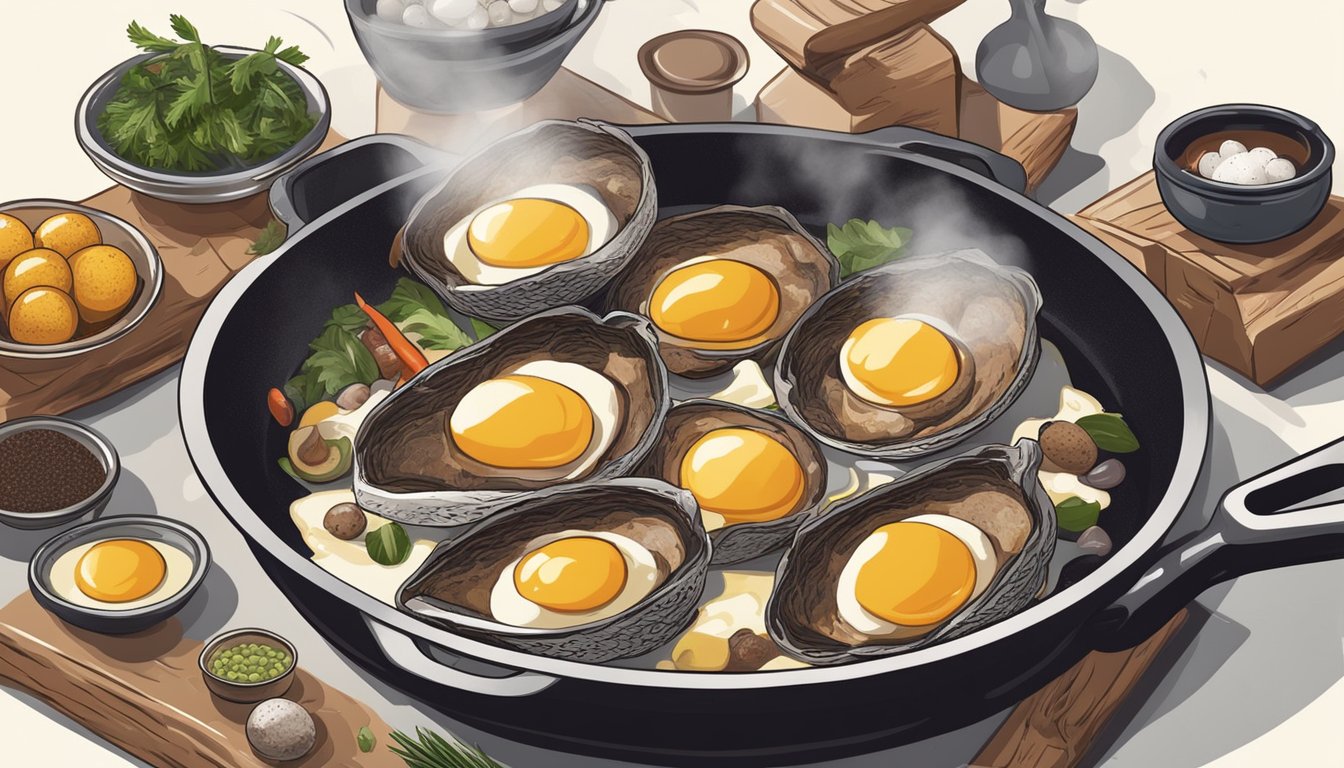 A chef cracking quail eggs into a sizzling skillet with various ingredients nearby for a special diet recipe