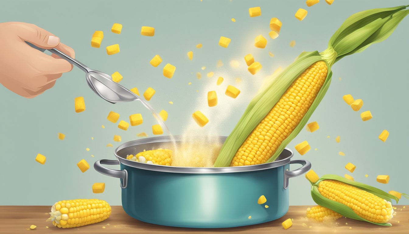 A pot of boiling water with ears of sweet corn being dropped in and a pair of tongs lifting them out