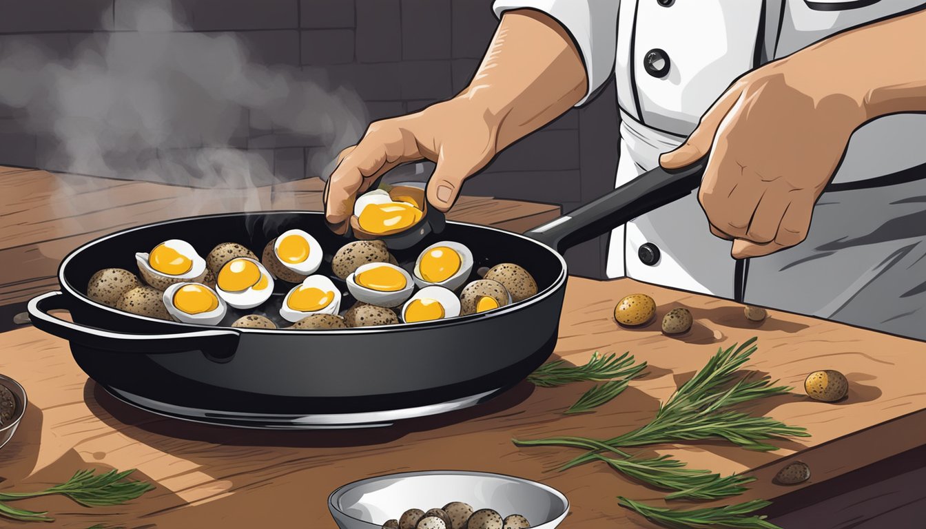 A chef cracking quail eggs into a hot skillet