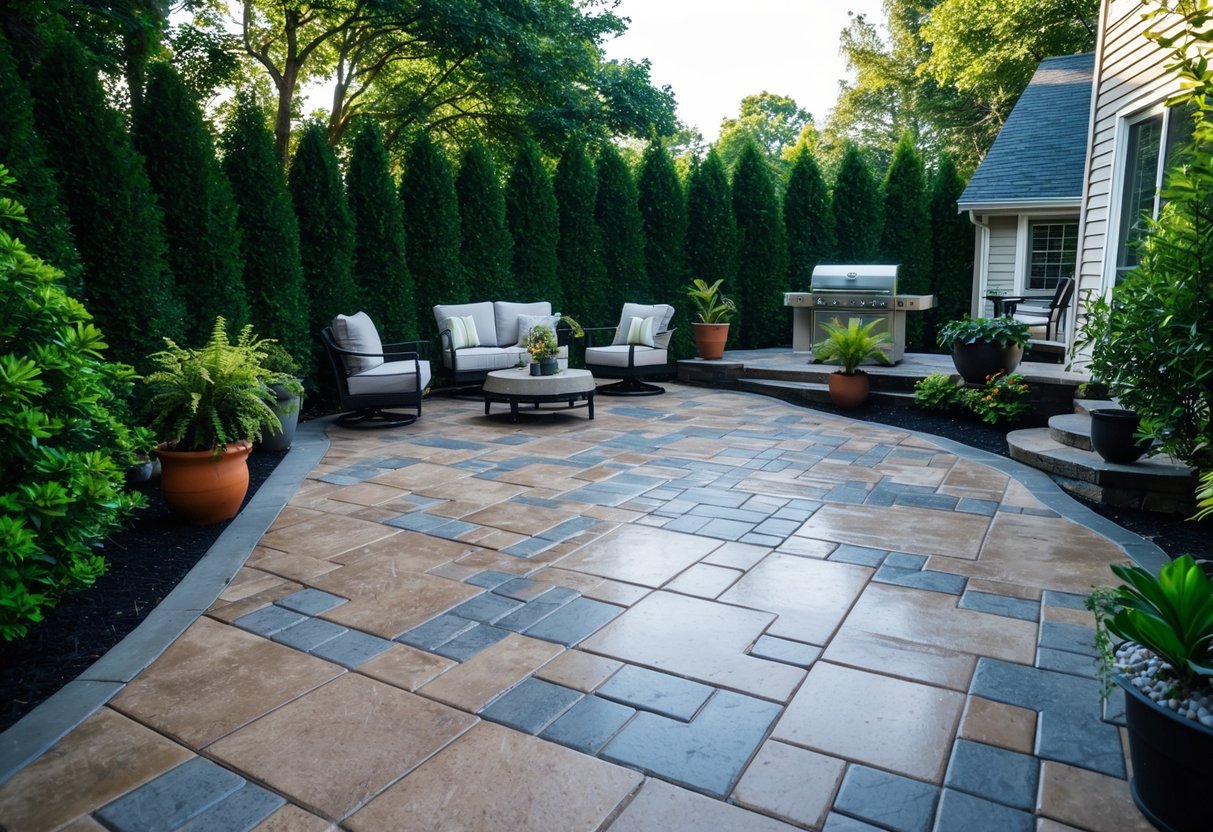 A patio with stamped concrete and concrete pavers arranged in a pattern, surrounded by lush greenery and a few pieces of outdoor furniture