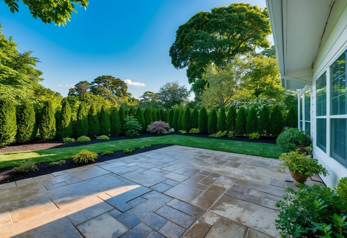 A patio with stamped concrete and concrete pavers, surrounded by lush greenery and a clear blue sky