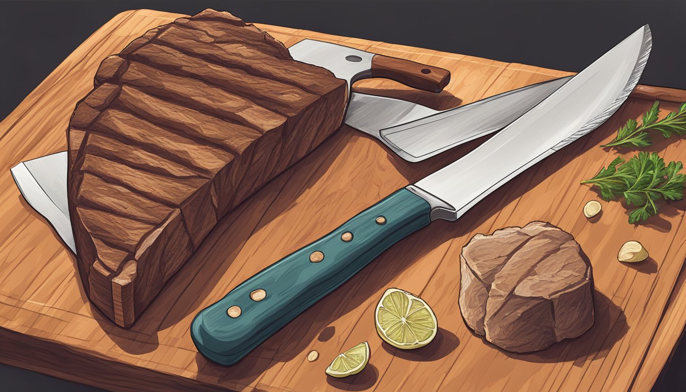 A tomahawk steak resting on a wooden cutting board, with a chef's knife nearby and a recipe book open to a page on cooking techniques