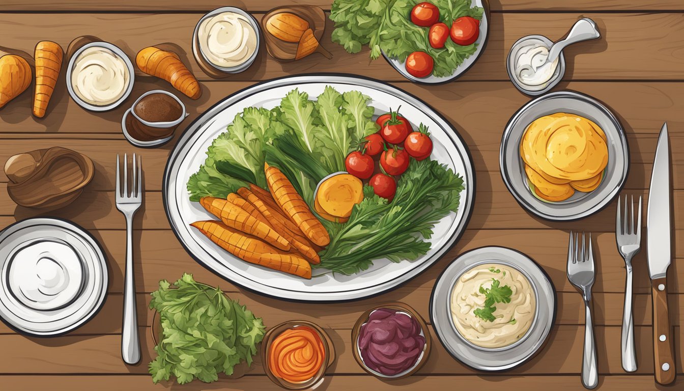 A rustic wooden table set with a variety of colorful side dishes, including roasted vegetables, creamy mashed potatoes, and a fresh garden salad