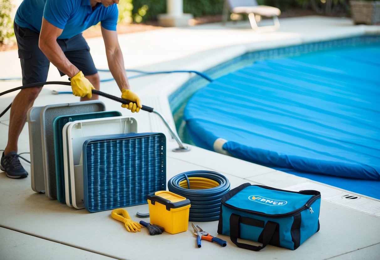 A pool cover being cleaned and maintained, with various types of covers displayed nearby. A maintenance kit and tools are also present