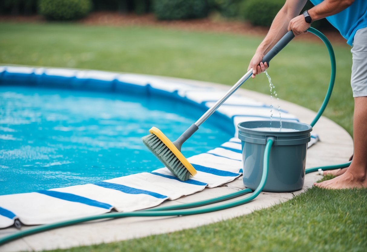 A person using a long-handled brush to scrub a pool cover, with a bucket of soapy water nearby and a hose for rinsing