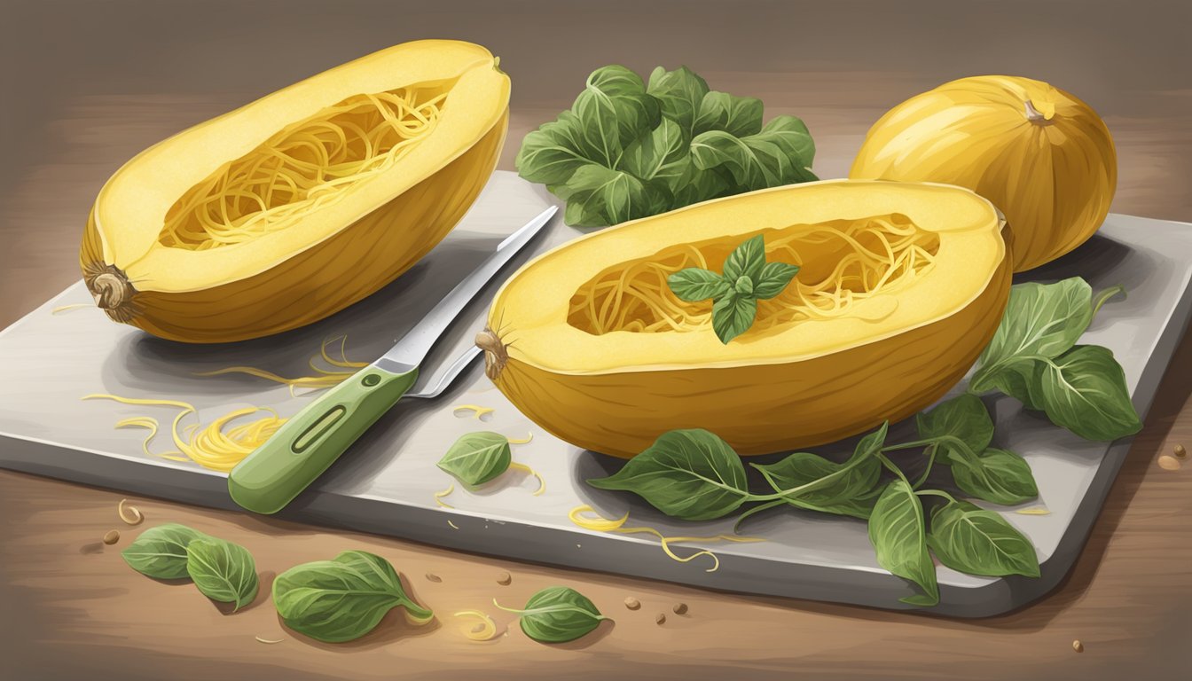 A spaghetti squash being halved, seasoned, and baked on a baking sheet