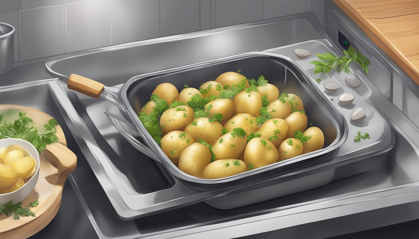 Potatoes being seasoned with herbs and drizzled with oil before being placed in the microwave