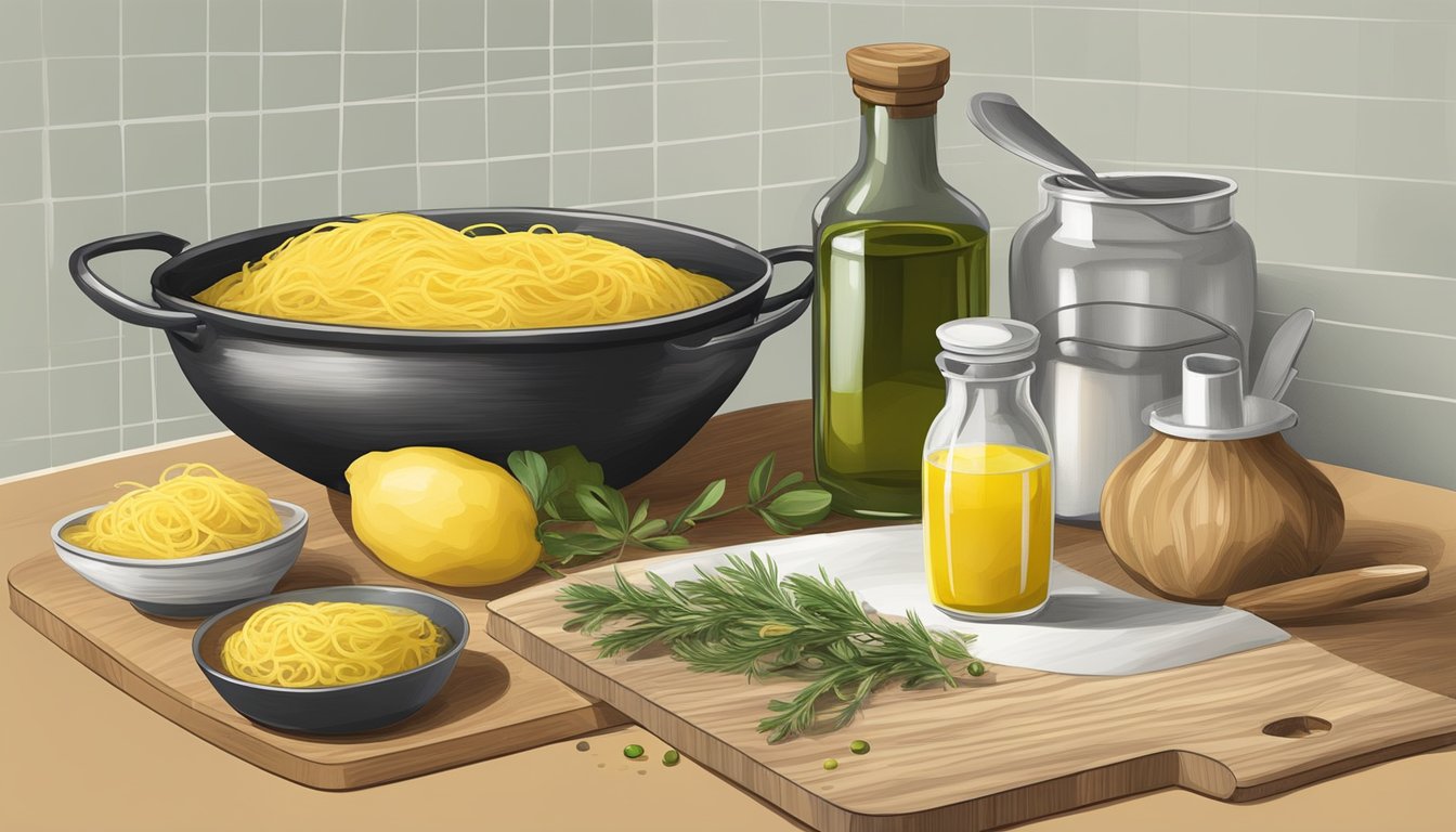 A kitchen counter with a spaghetti squash, knife, cutting board, and a bowl of olive oil and seasonings