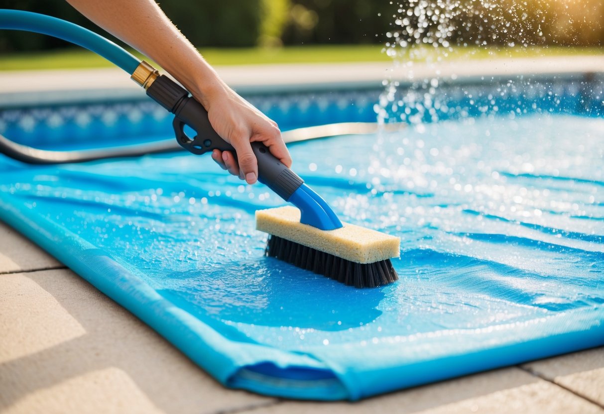 A pool cover being scrubbed with a brush, rinsed with a hose, and left to dry in the sun