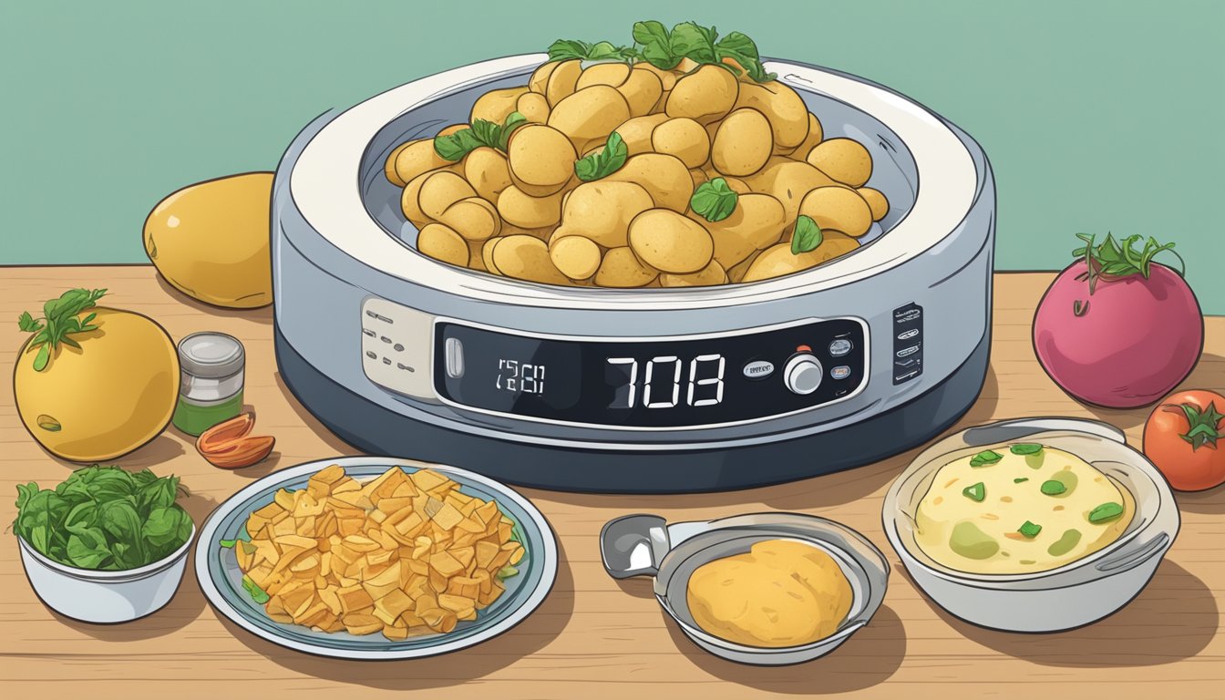 A potato rotating on a microwave plate with various toppings nearby