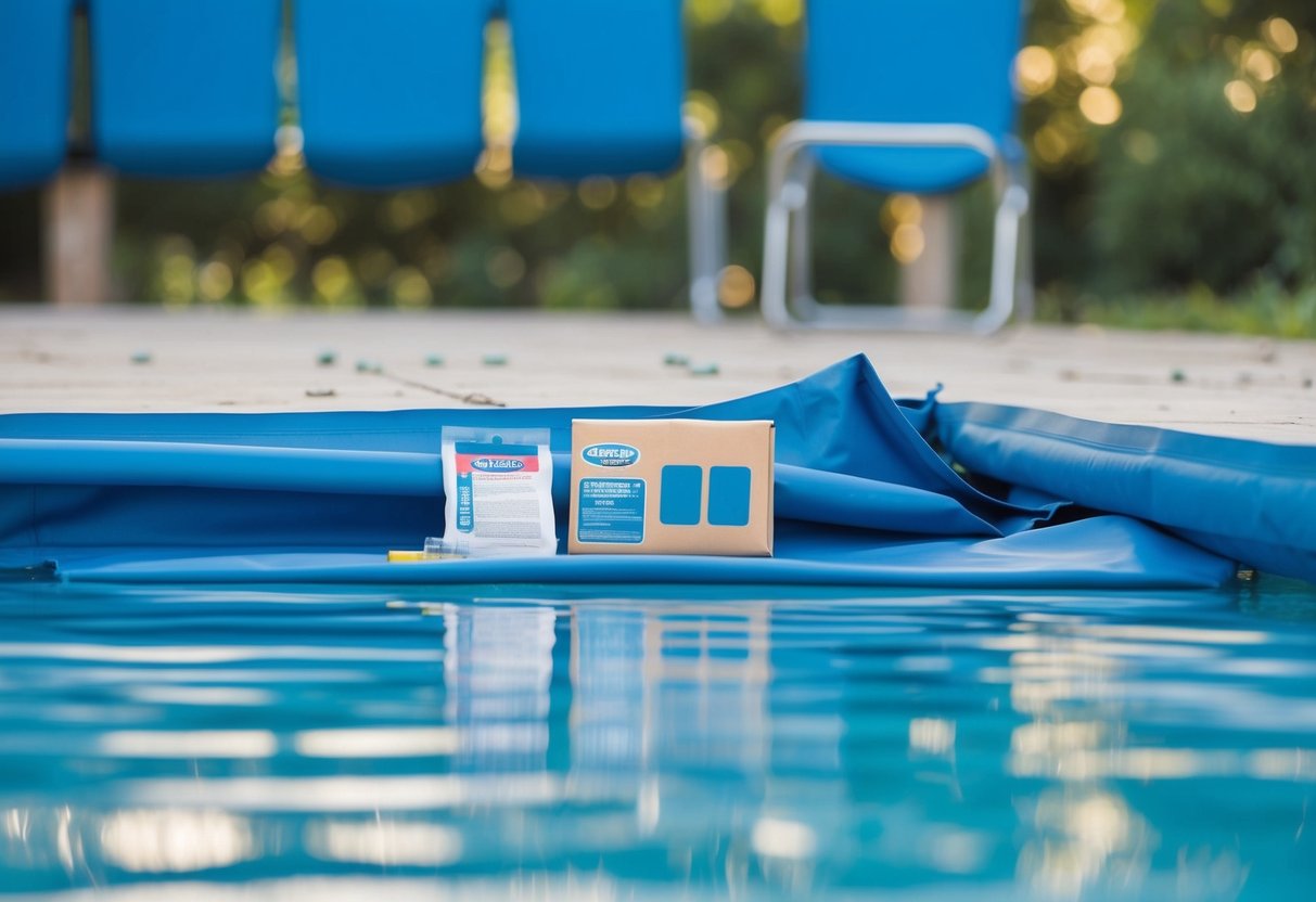 A pool cover sags in the center, water pooling on the surface. A repair kit sits nearby with a patch and adhesive