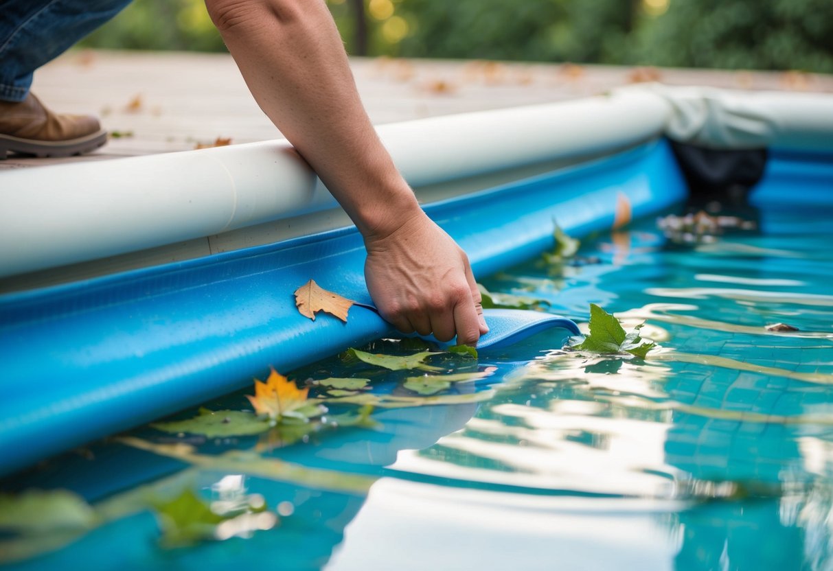 A pool cover being stretched over a pool, with visible tears and wrinkles. Leaves and debris are trapped on the surface