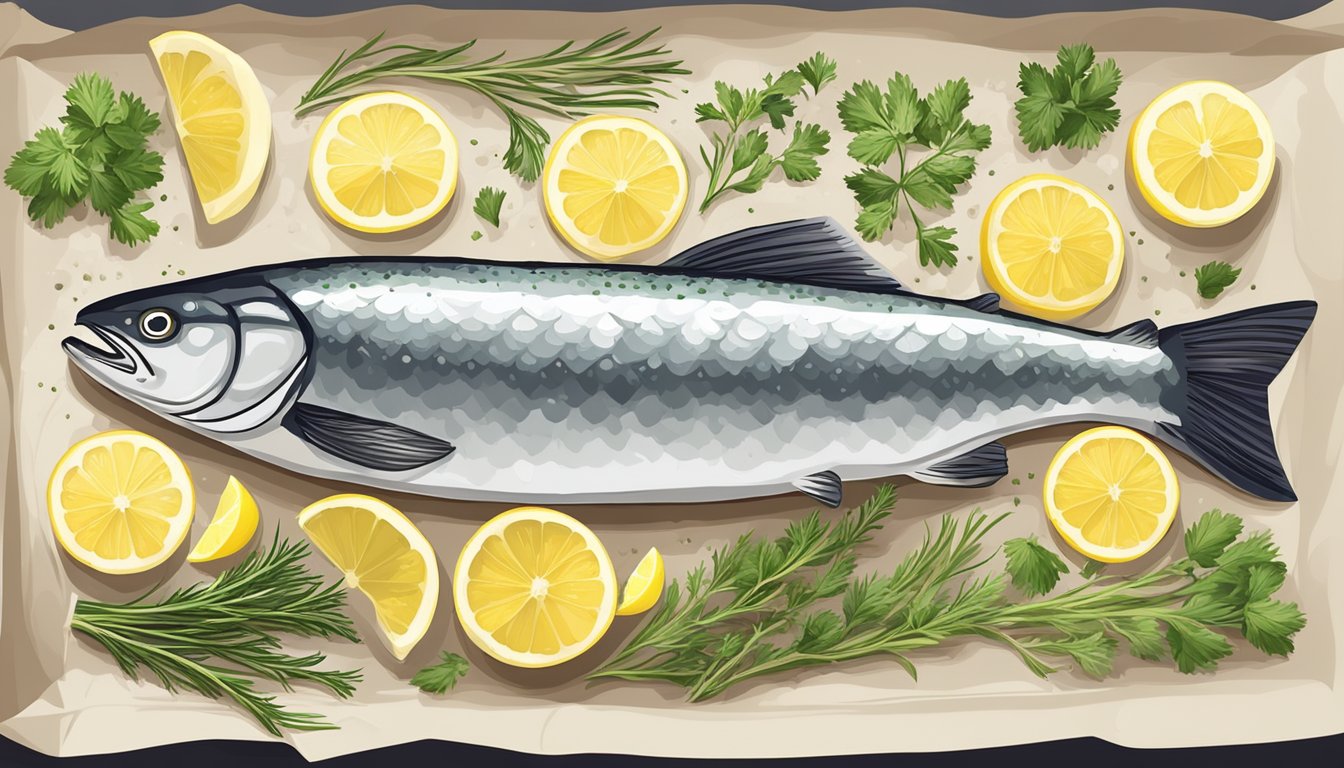 A whole salmon fillet seasoned with herbs and lemon slices, placed on a baking sheet lined with parchment paper, ready to be cooked in the oven