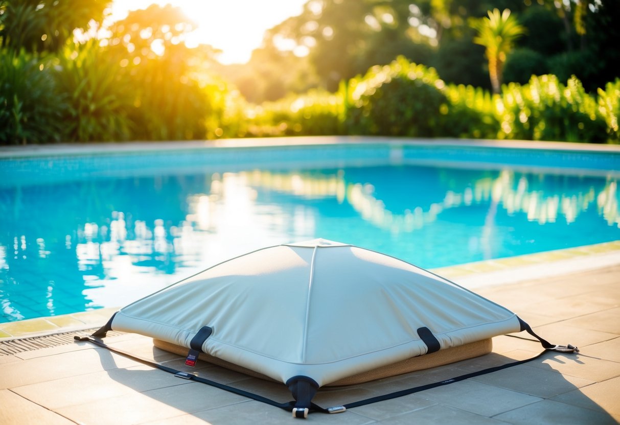 A sparkling clean pool with a high-quality cover securely in place, surrounded by lush greenery and bathed in warm sunlight