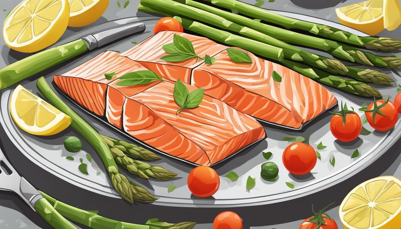 Salmon fillet on a baking sheet with lemon slices and herbs, surrounded by asparagus and cherry tomatoes