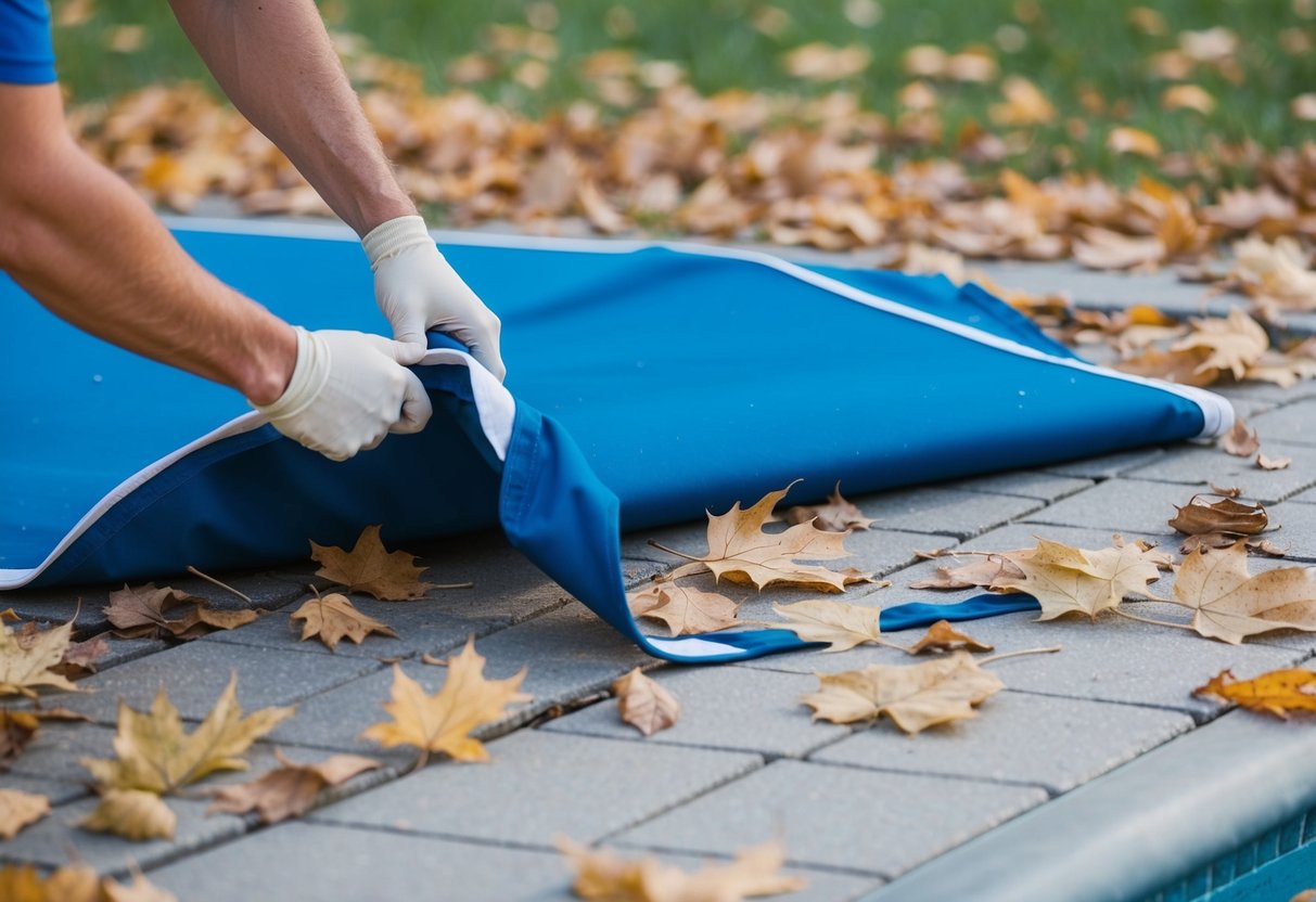 A pool cover being carefully removed and cleaned, surrounded by fallen leaves and other debris from the changing seasons