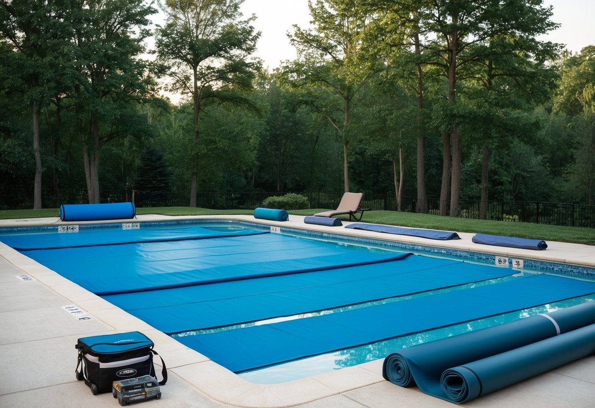 A pool with a variety of cover types, surrounded by trees. Some covers are rolled up neatly, while others are stretched across the water. A maintenance kit sits nearby