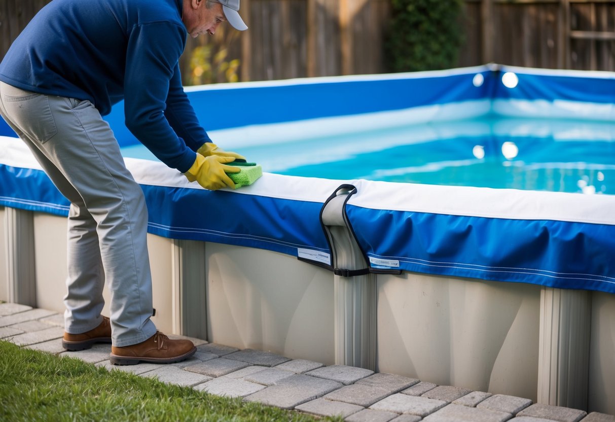 A pool cover being carefully cleaned and inspected for any signs of wear and tear before being securely fastened over the pool for the winter season