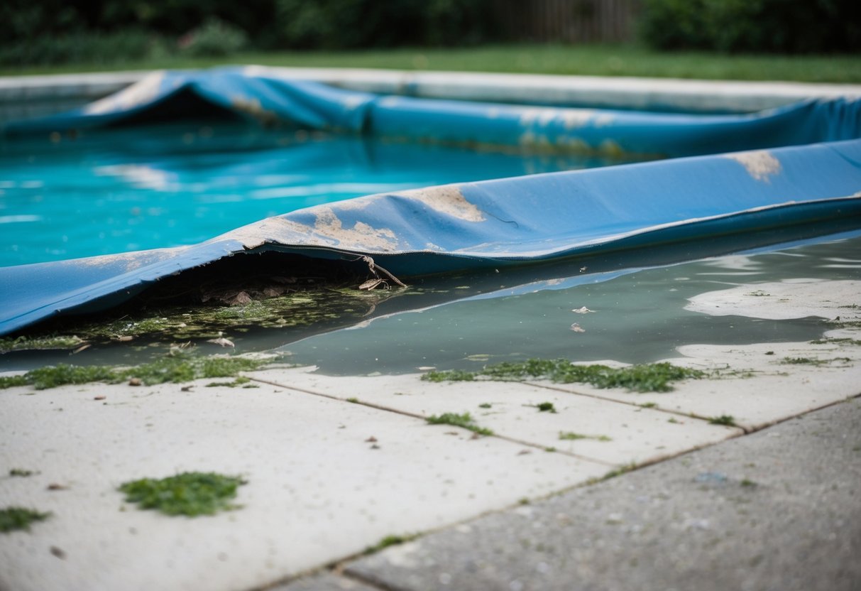 A torn and faded pool cover sags over the water, with patches of algae and debris collecting on its surface