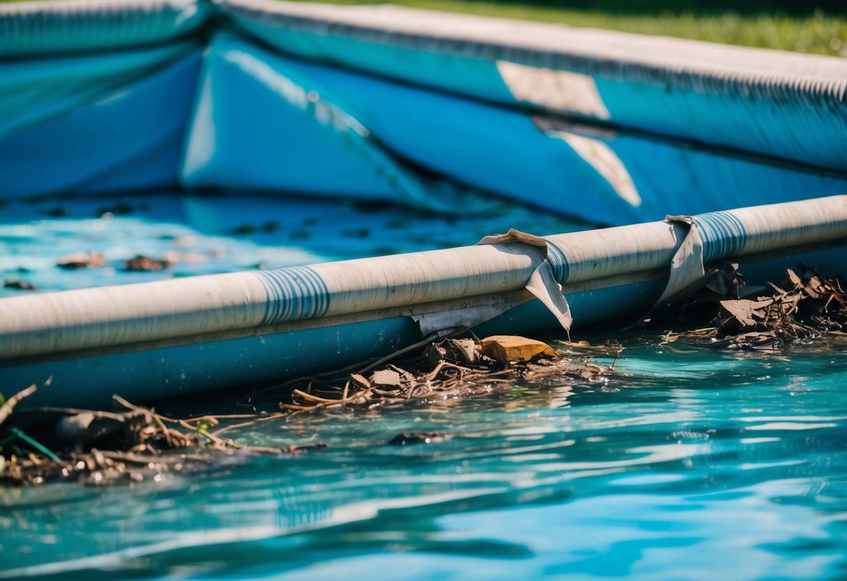 A pool cover with visible tears, fading, and sagging edges, surrounded by debris and water seepage