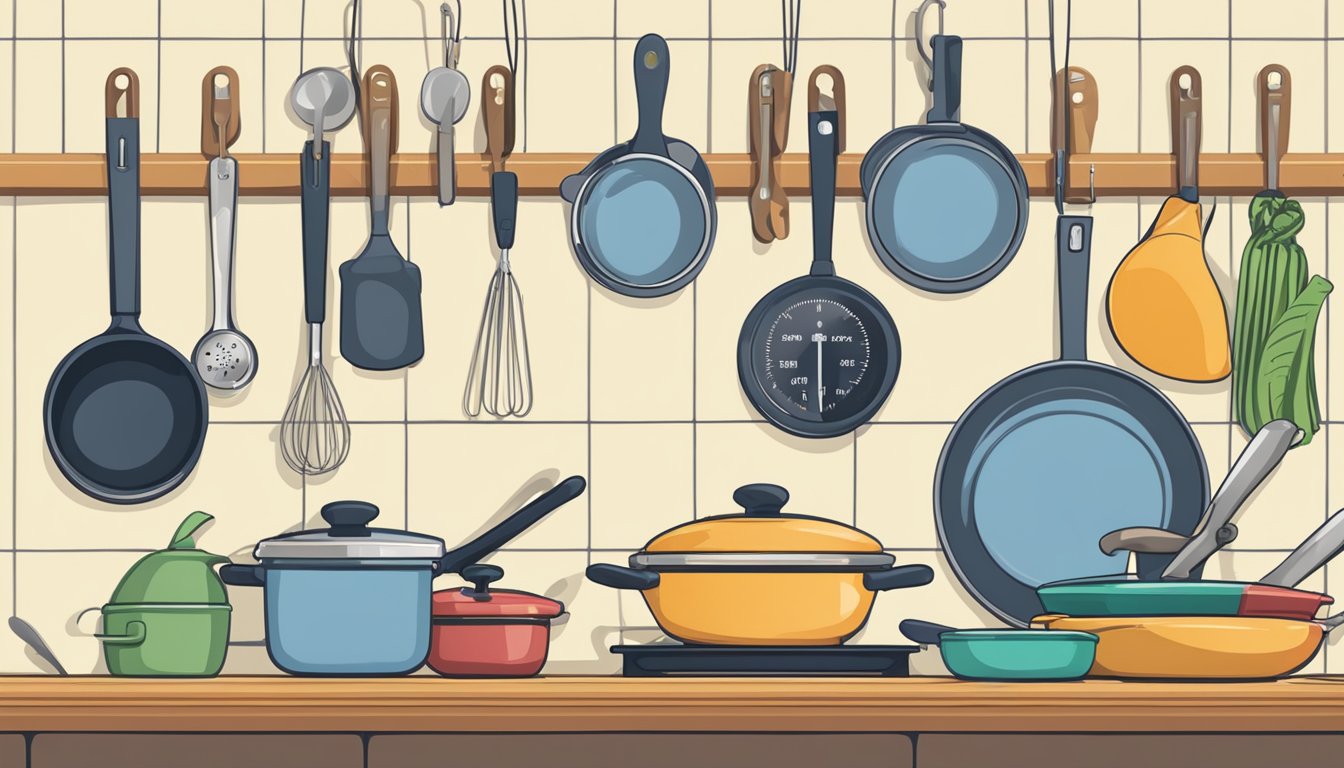 A hand reaching for a cooking thermometer hanging on a hook next to a row of various kitchen utensils and cookware