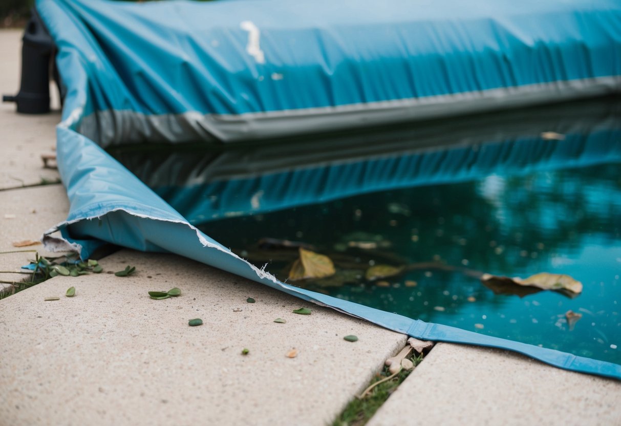 A pool cover sags and tears, allowing debris to enter the water. The edges are frayed, and the material is faded and discolored