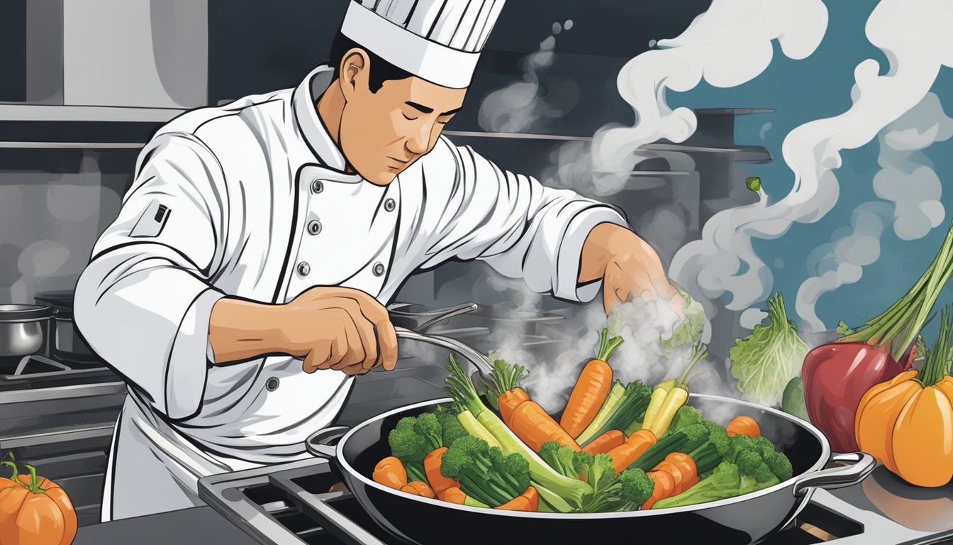 A chef pours sake into a sizzling skillet of vegetables, steam rising