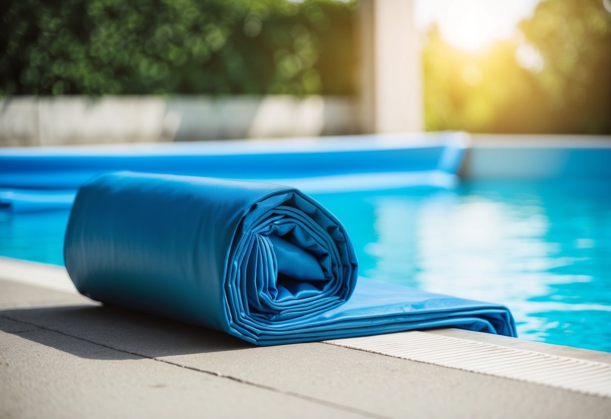 A pool cover neatly folded and stored in a designated area, away from direct sunlight and protected from moisture and dirt