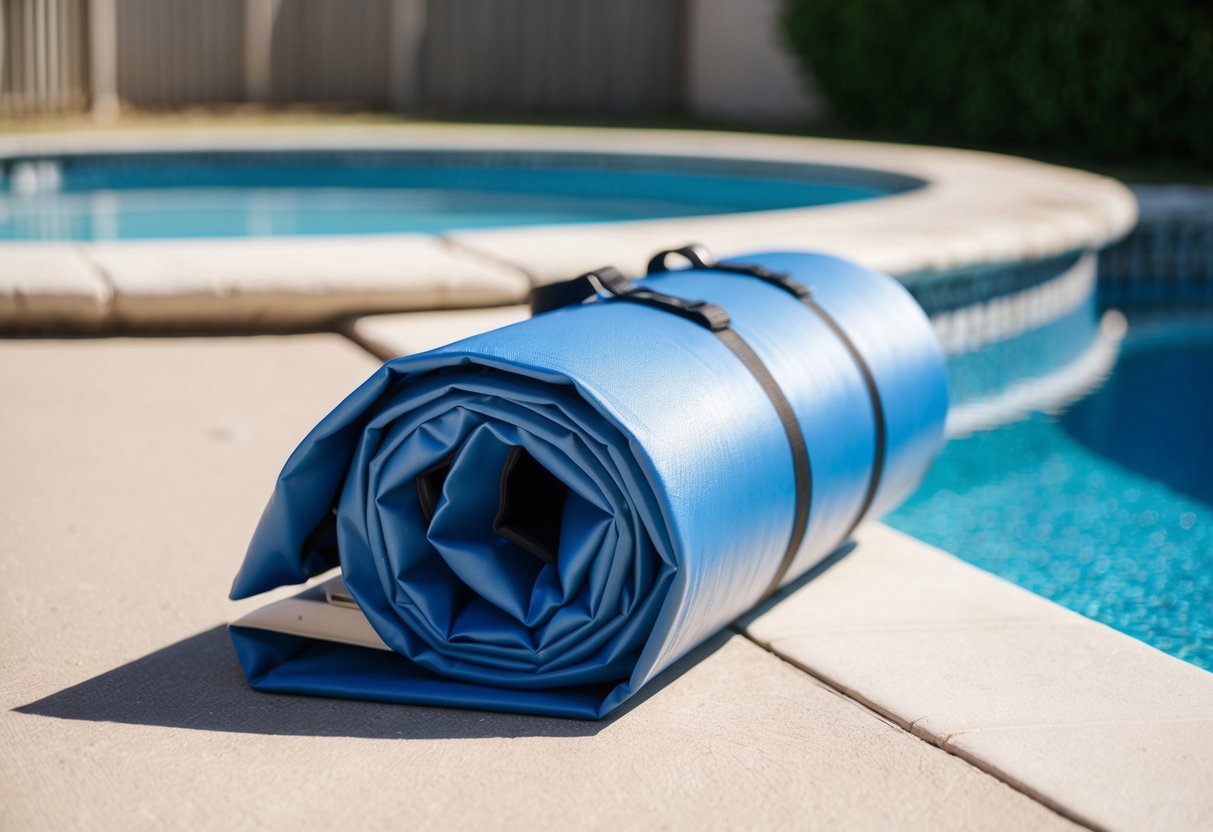 A pool cover neatly rolled and stored in a dry, shaded area next to the pool