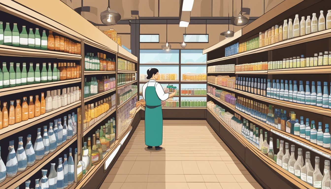 A person selecting sake bottles in a grocery store, with a display of cooking ingredients and utensils nearby