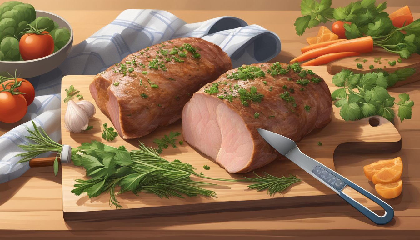 A pork loin rests on a cutting board surrounded by fresh herbs, seasoning, and a digital meat thermometer. An open recipe book with nutritional information lies nearby