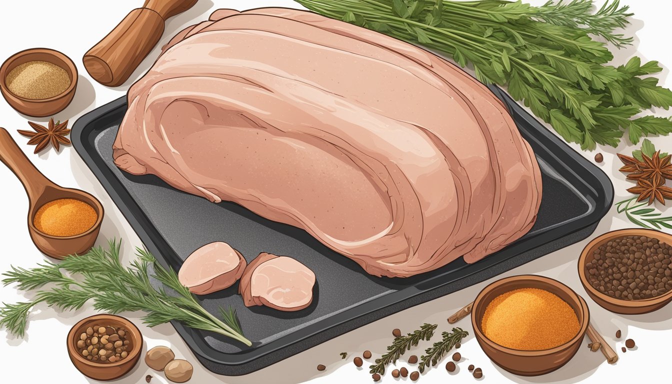 A pork loin resting on a baking sheet, surrounded by herbs and spices, ready to be placed in the oven for cooking