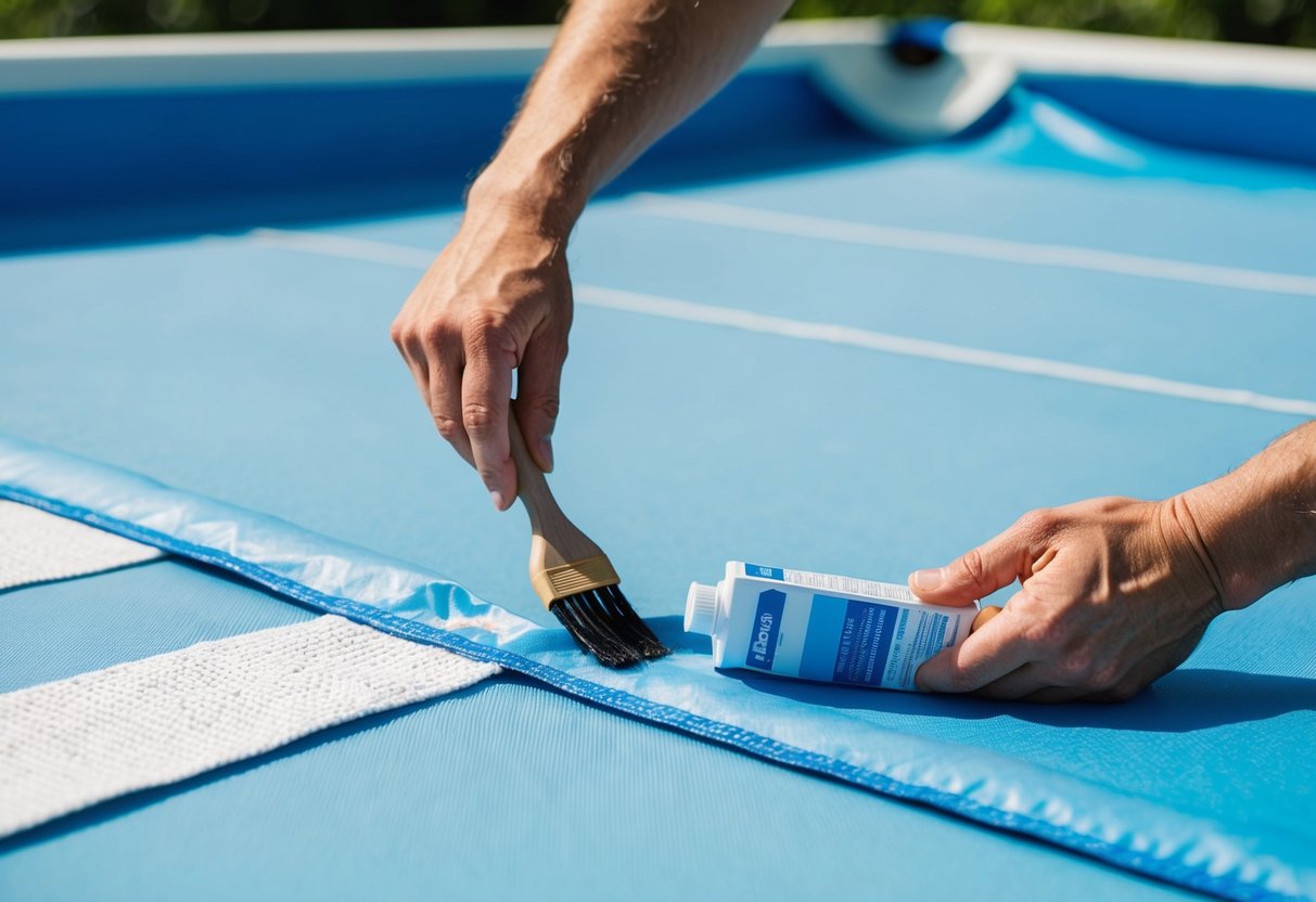 A pool cover with minor tears being repaired using a patch kit and adhesive, with a person using a brush to apply the adhesive and smooth out the patch