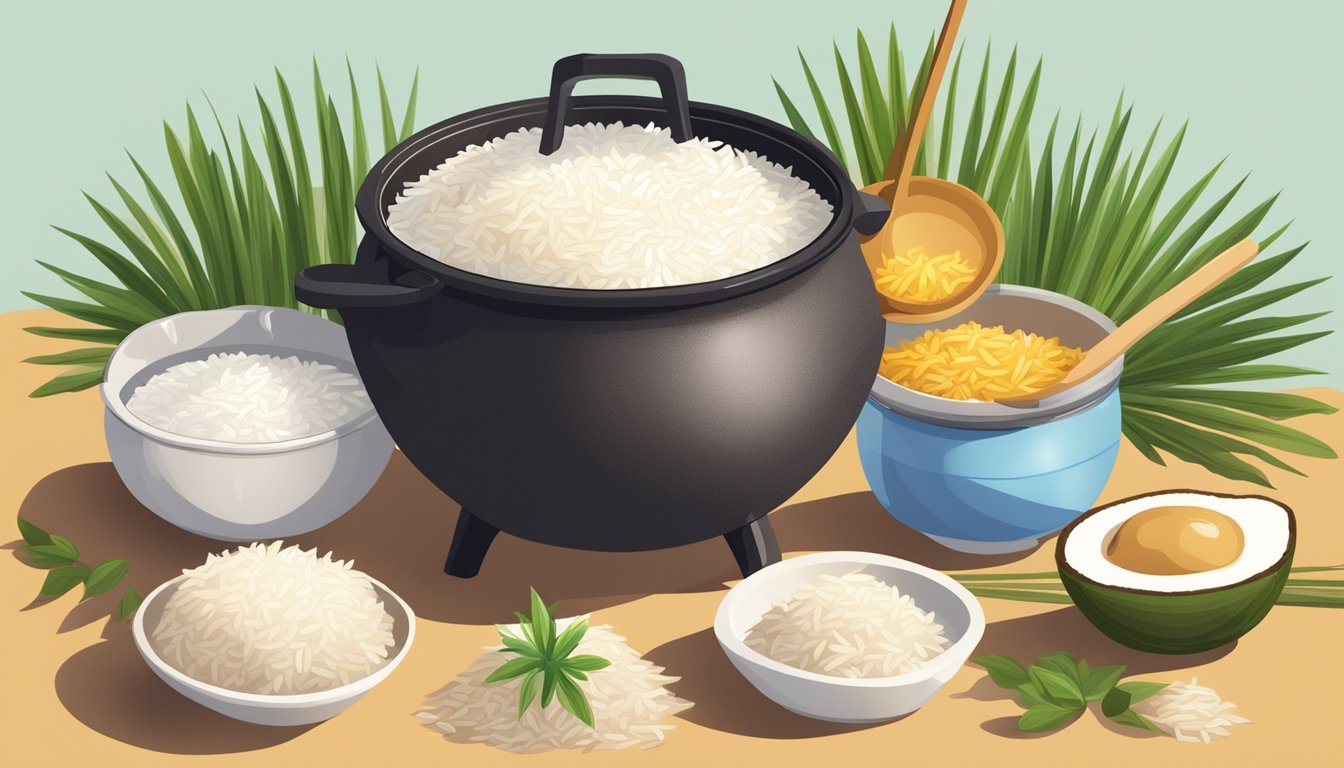 A pot of rice cooking in coconut oil, surrounded by different varieties of rice