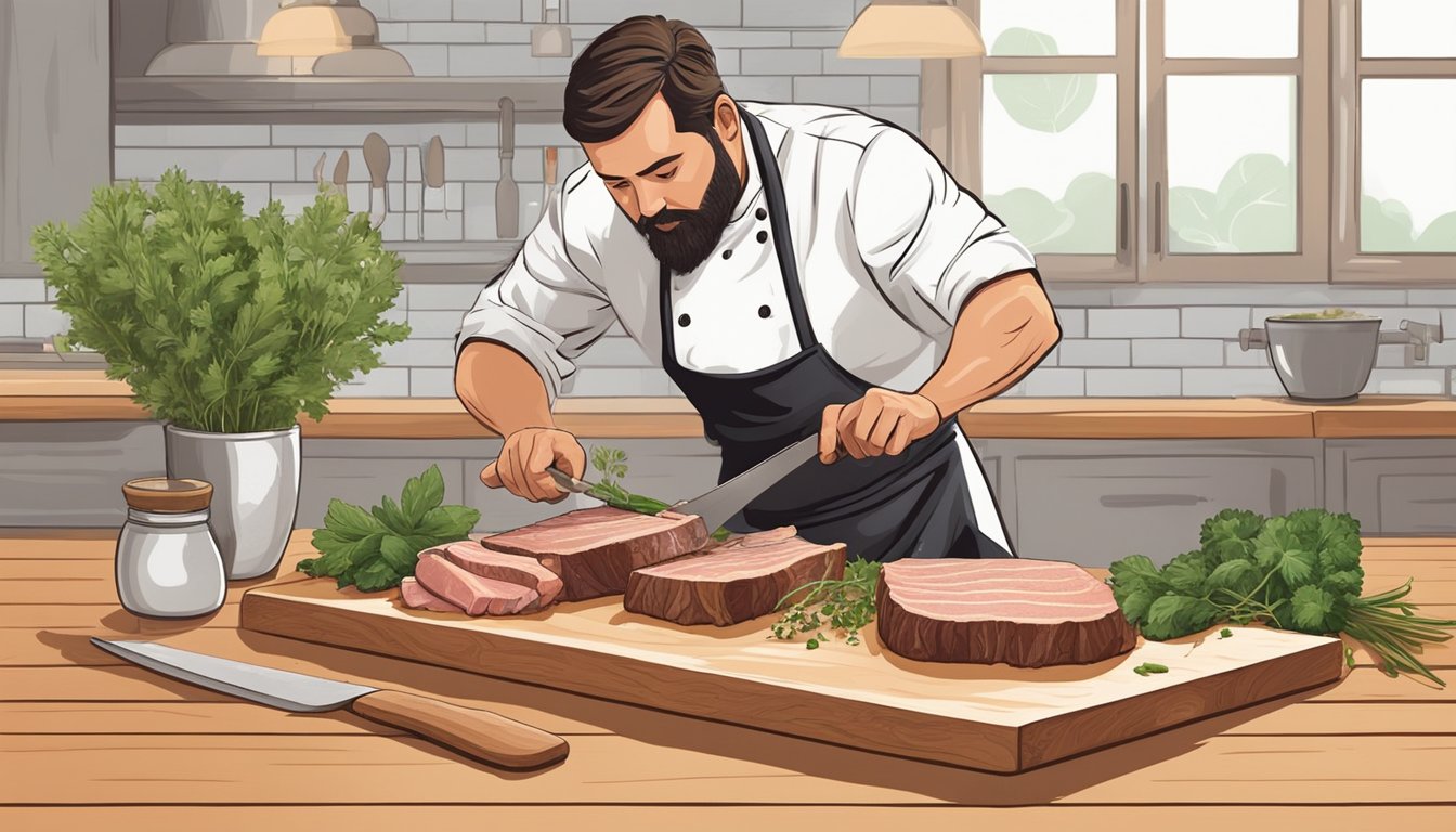 A chef expertly trims and seasons a slab of pork belly on a wooden cutting board, surrounded by various herbs and spices