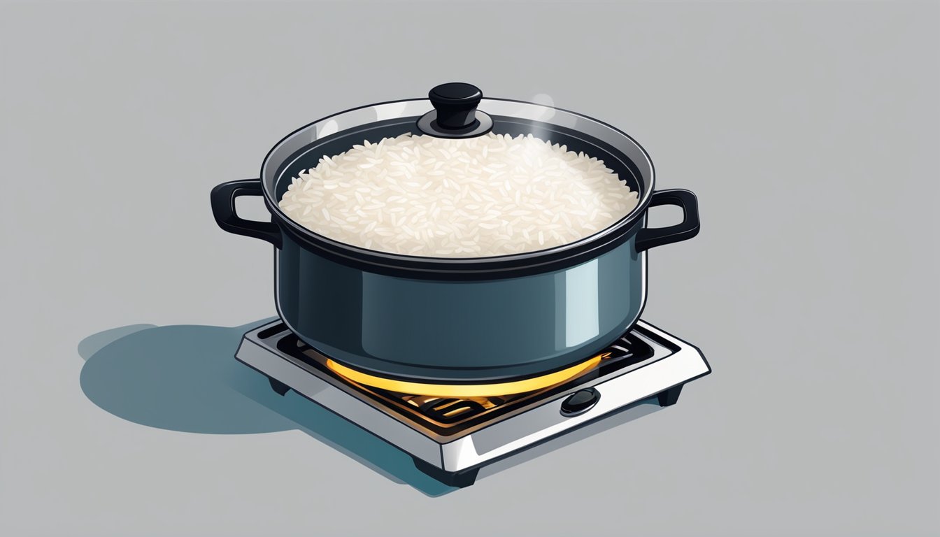 A pot of rice cooking in coconut oil on a stove, with steam rising and a lid nearby for reheating