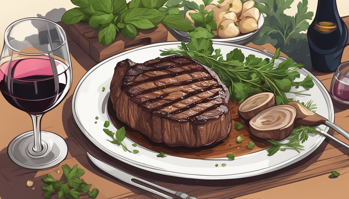 A sizzling ribeye steak on a hot grill, surrounded by fresh herbs, garlic cloves, and a bottle of red wine